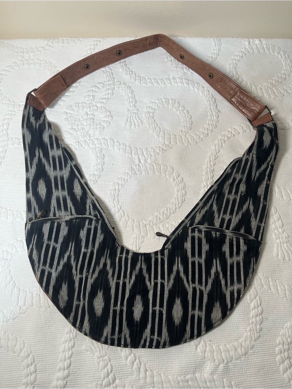 Sash Black & Gray Crescent Shoulder Bag with Brown Leather Strap